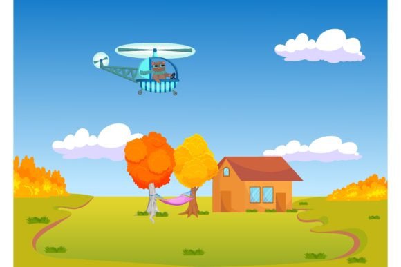Cute Cartoon Cat Flying Helicopter over - Download Now