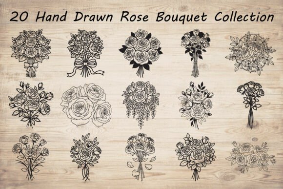20 Hand Drawn Rose Bouquet Bundle - Download Now